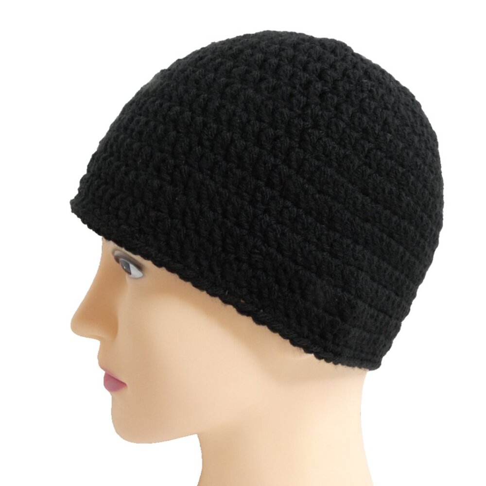 Black Beanie OS Ski Cap Warm Winter Hat Handmade Crochet Hand Knit 8" NWT